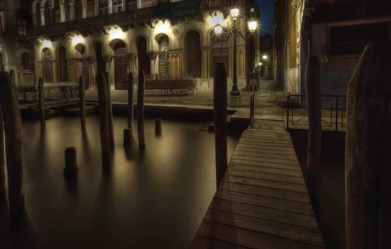Photo wallpaper water, night, street, lights, Venice