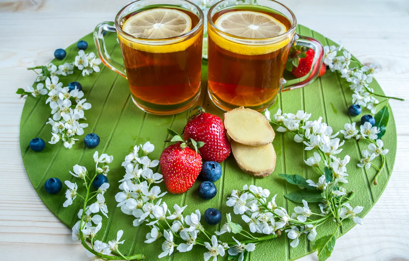 Photo wallpaper berries, lemon, tea, blueberries, strawberry, Cup