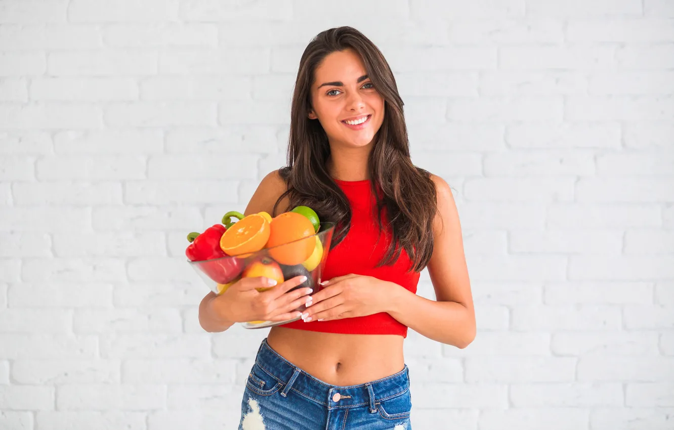 Photo wallpaper look, girl, red, pose, smile, wall, lemon, apples