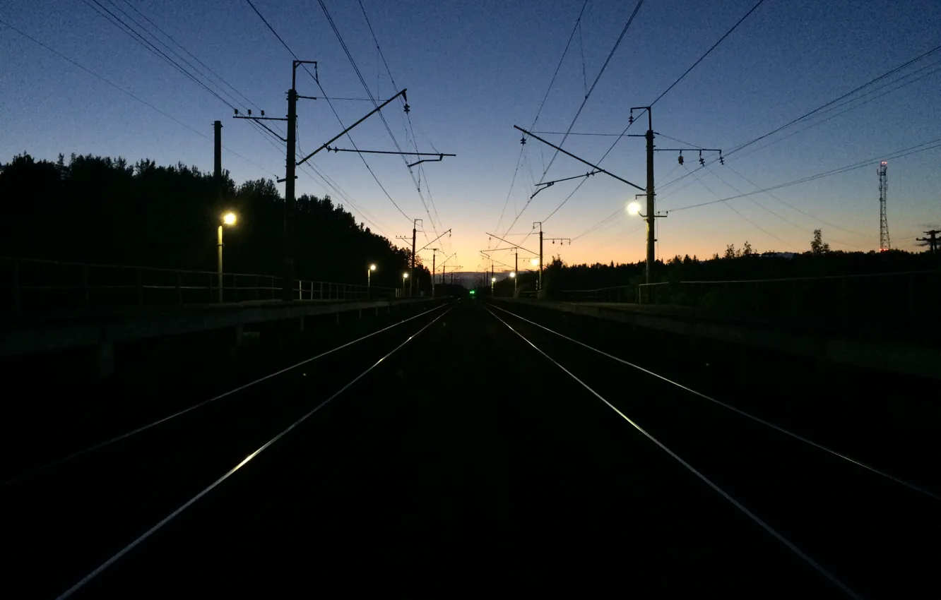 Photo wallpaper Road, Night, The way, Rails, Railroad