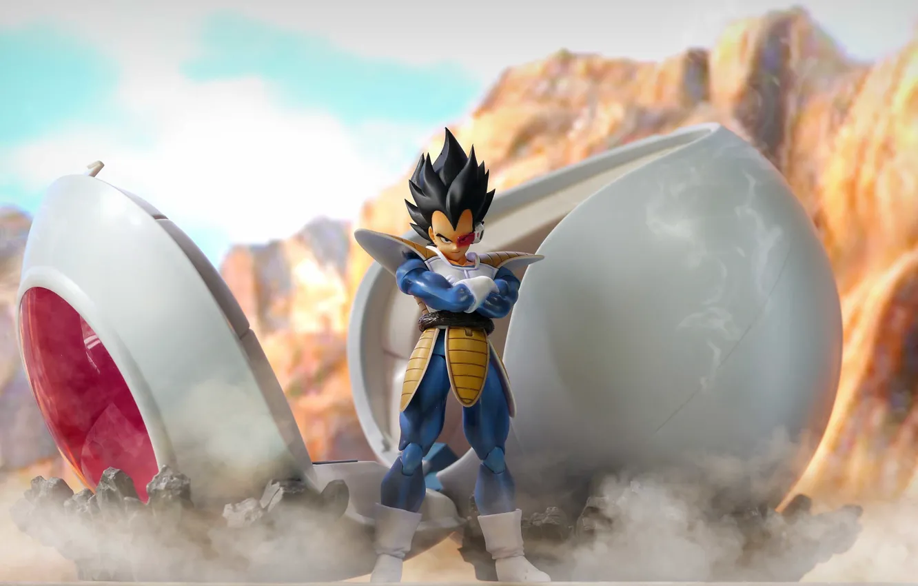 Photo wallpaper the sky, clouds, mountains, toy, landing, solar, smoky, Vegeta