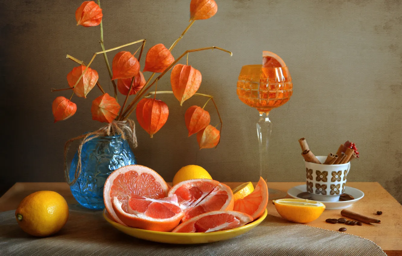 Photo wallpaper lemon, glass, orange, physalis