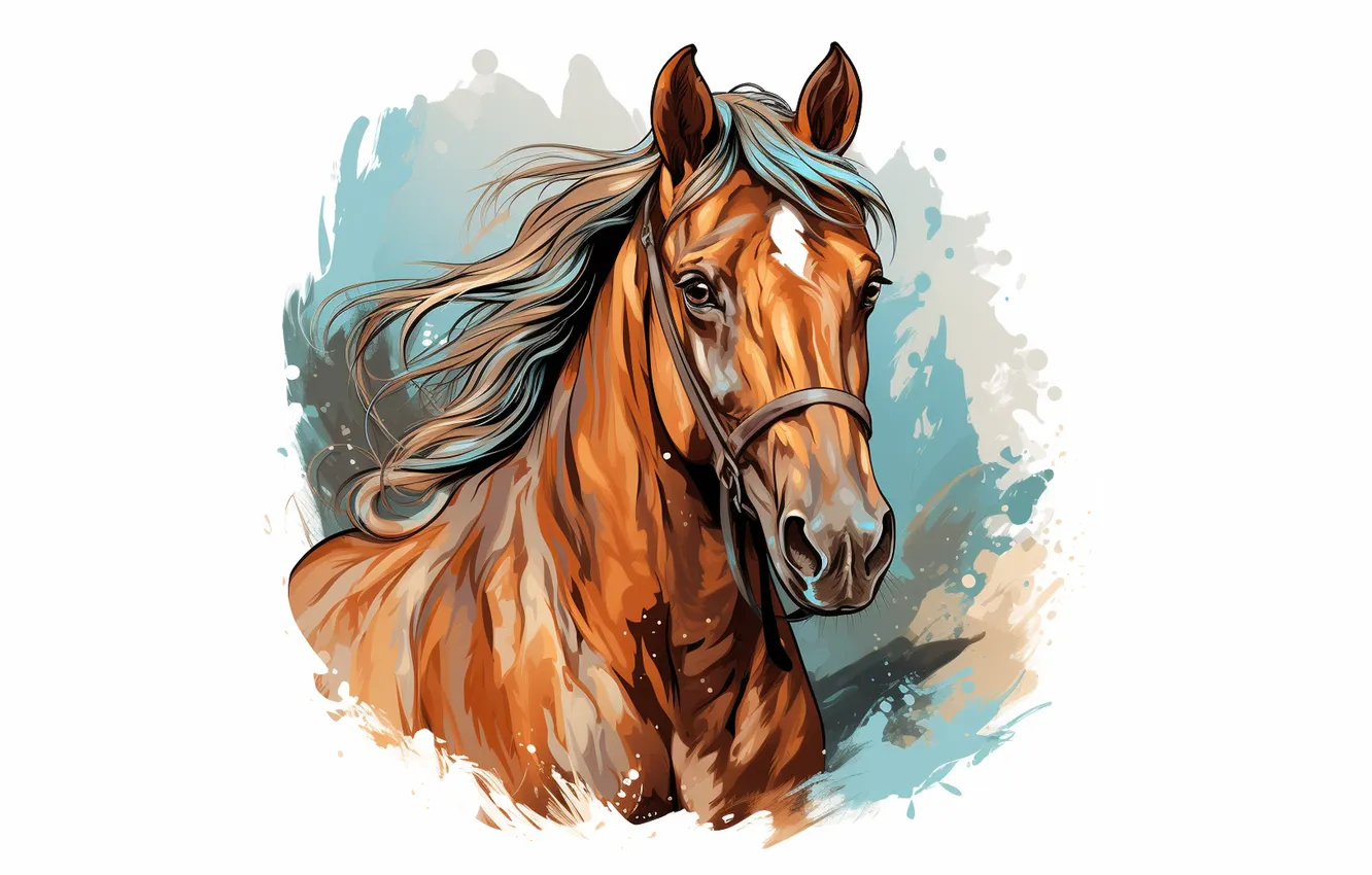 Photo wallpaper face, horse, horse, portrait, watercolor, white background, painting, imitation of watercolor