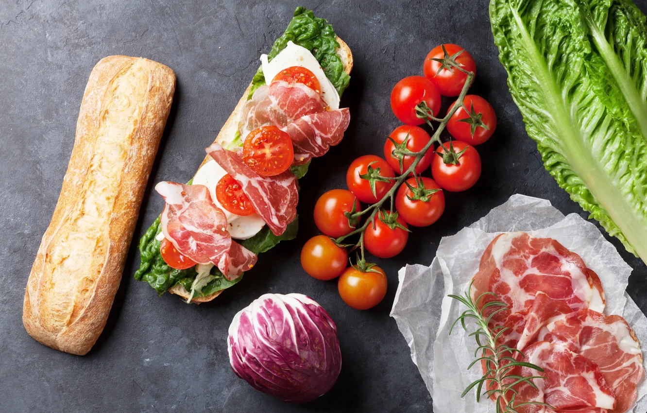 Photo wallpaper cheese, tomatoes, bacon, bread, cabbage, sandwiches