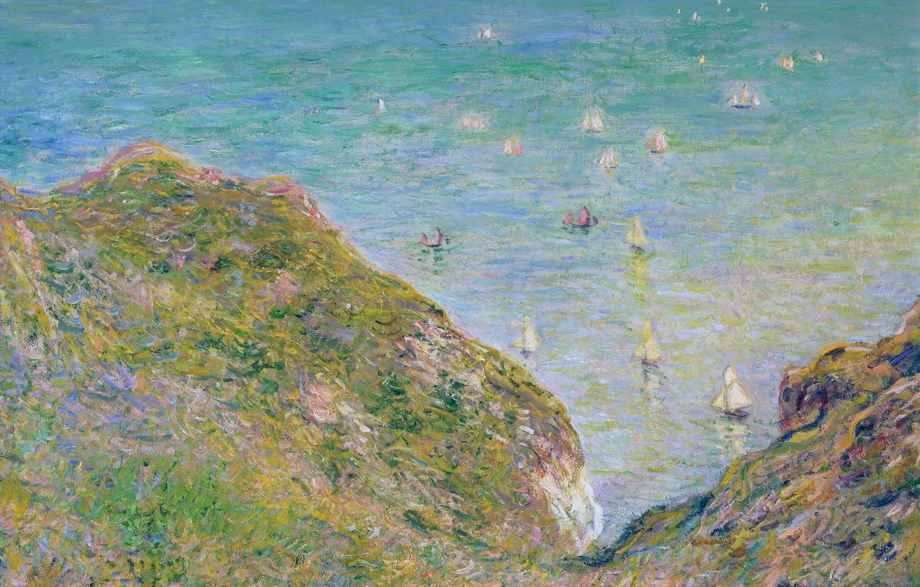 Photo wallpaper sea, landscape, picture, boats, Claude Monet, View from the Rocks in Purvile. Clear Weather