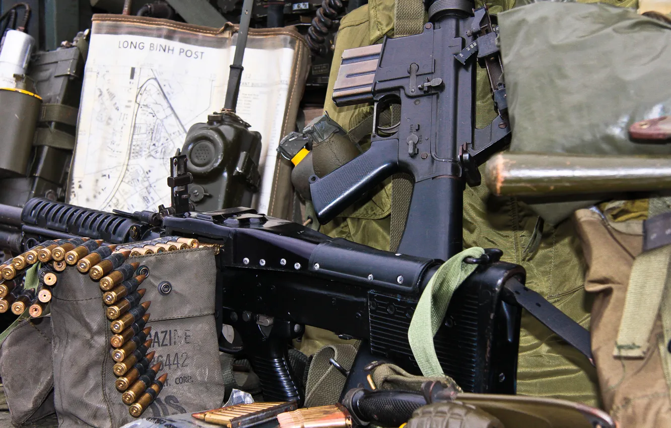 Photo wallpaper cartridges, machine gun, ammunition, M16, radio, assault rifle, M60