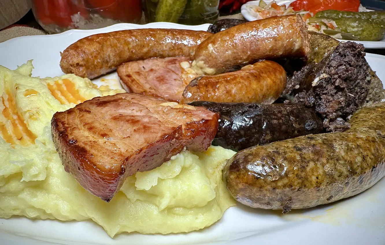 Photo wallpaper sausage, mashed potatoes, bacon