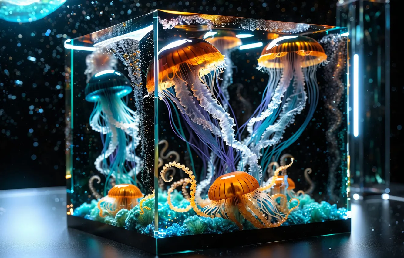 Photo wallpaper aquarium, jellyfish, cube