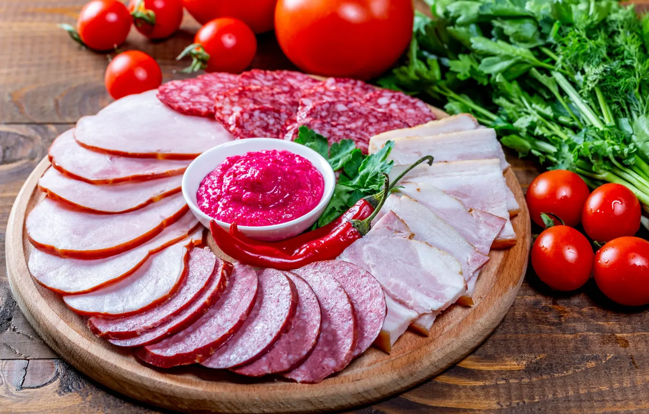 Photo wallpaper sauce, sausage, cutting