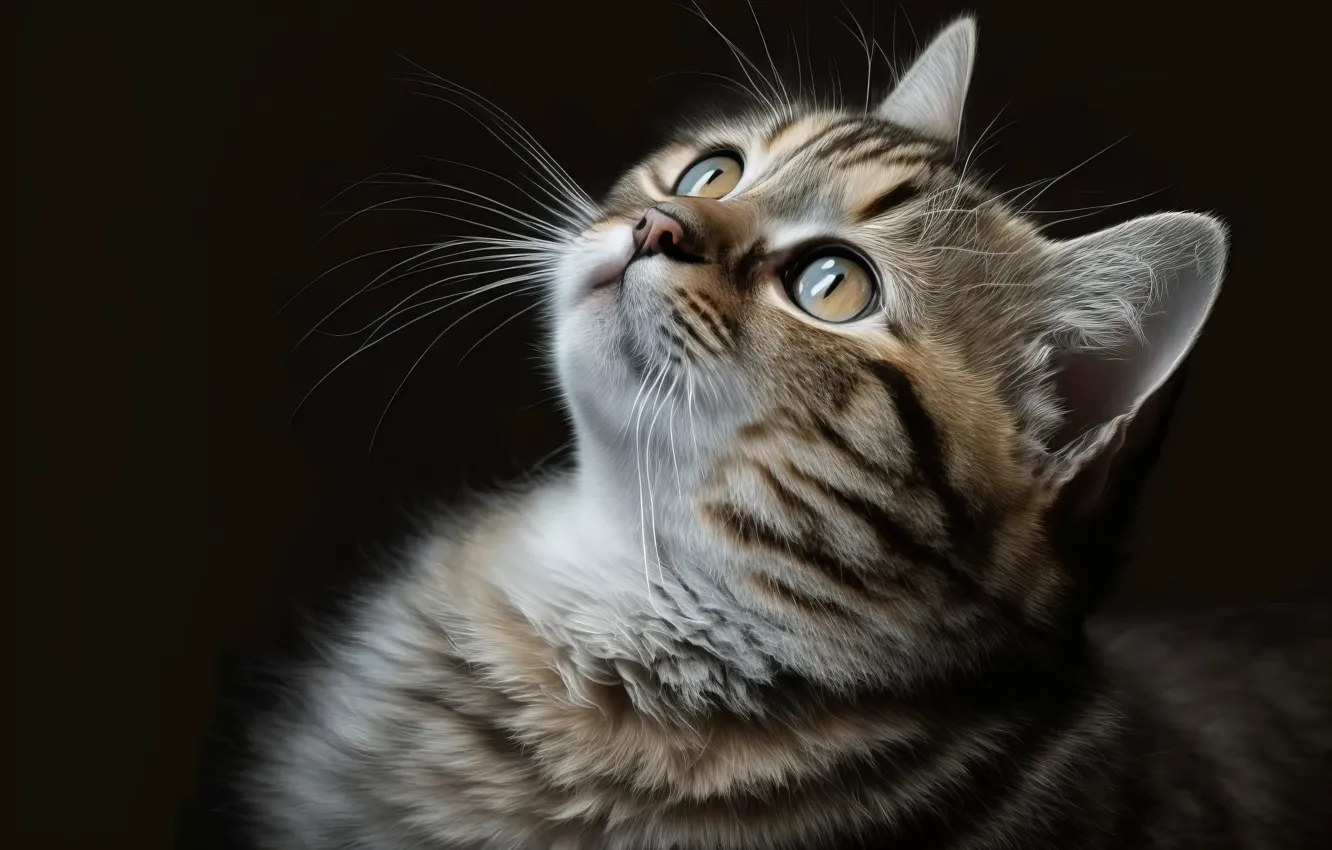 Photo wallpaper cat, cat, look, the dark background, grey, graphics, portrait, art