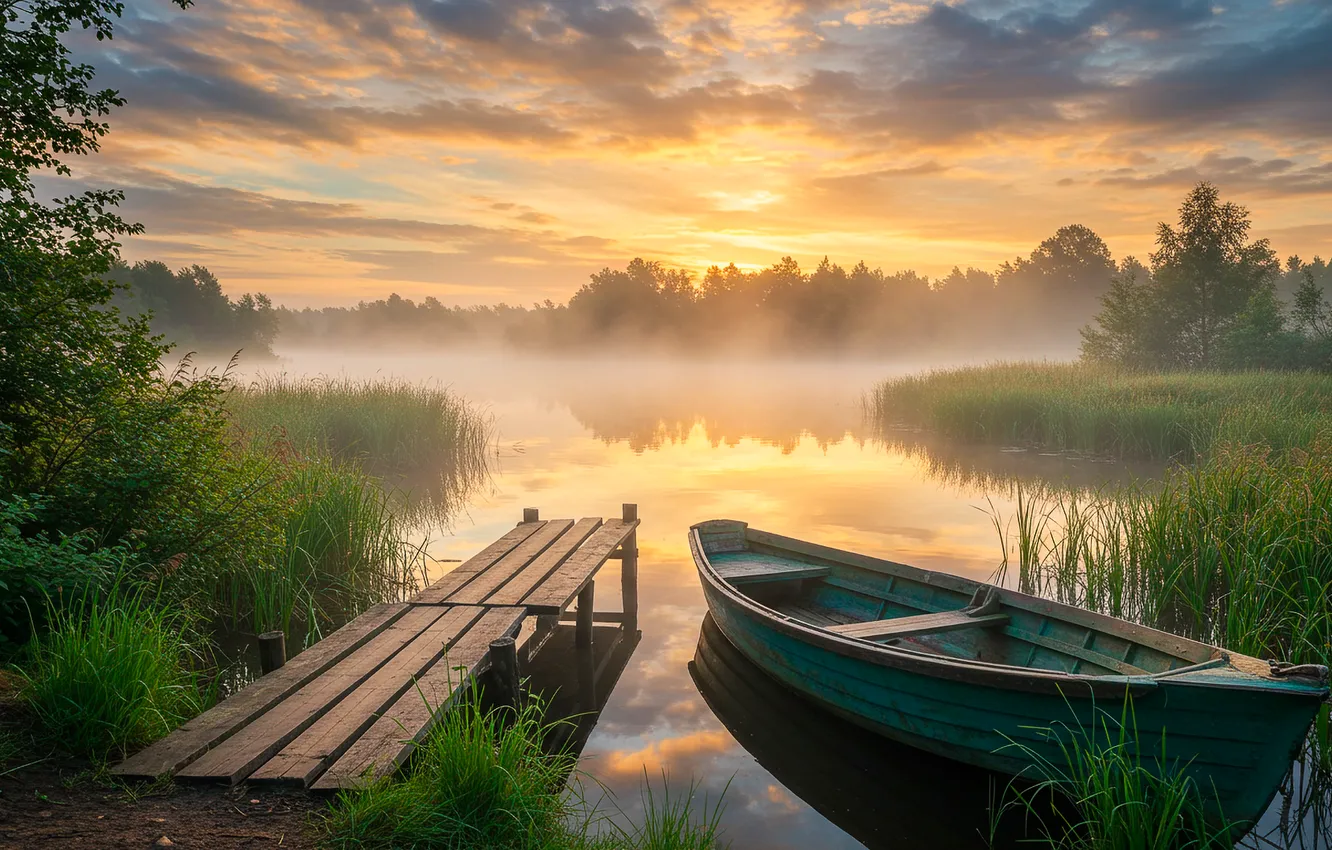 Photo wallpaper the sky, fog, lake, dawn, boat, pier, wallpaper, sky
