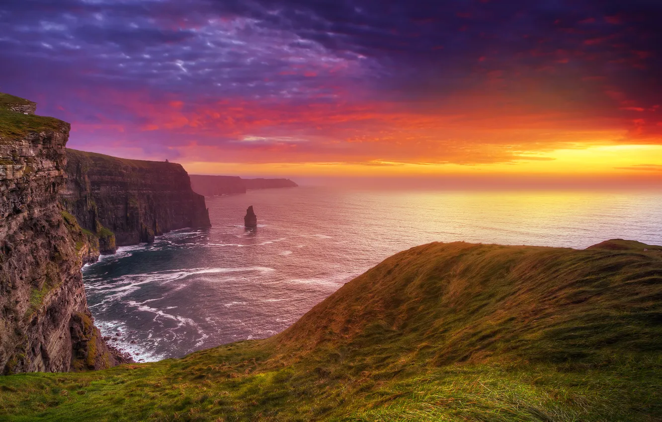 Photo wallpaper wave, the sky, grass, the sun, clouds, landscape, sunset, mountains