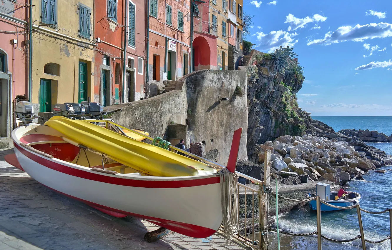 Photo wallpaper sea, boat, home, Bay, Italy, Riomaggiore, Cinque Terre