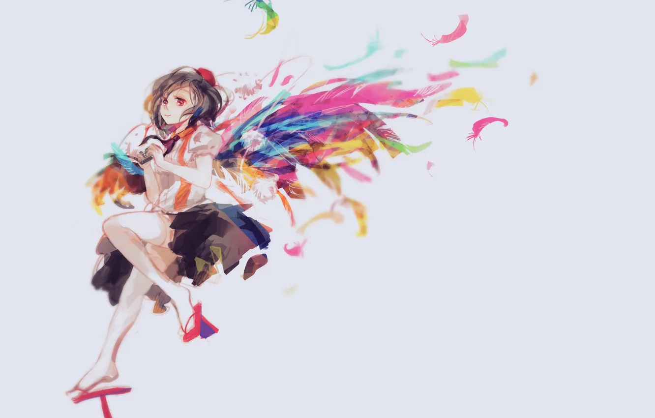 Photo wallpaper girl, wings, anime, feathers, art, touhou, shameimaru aya