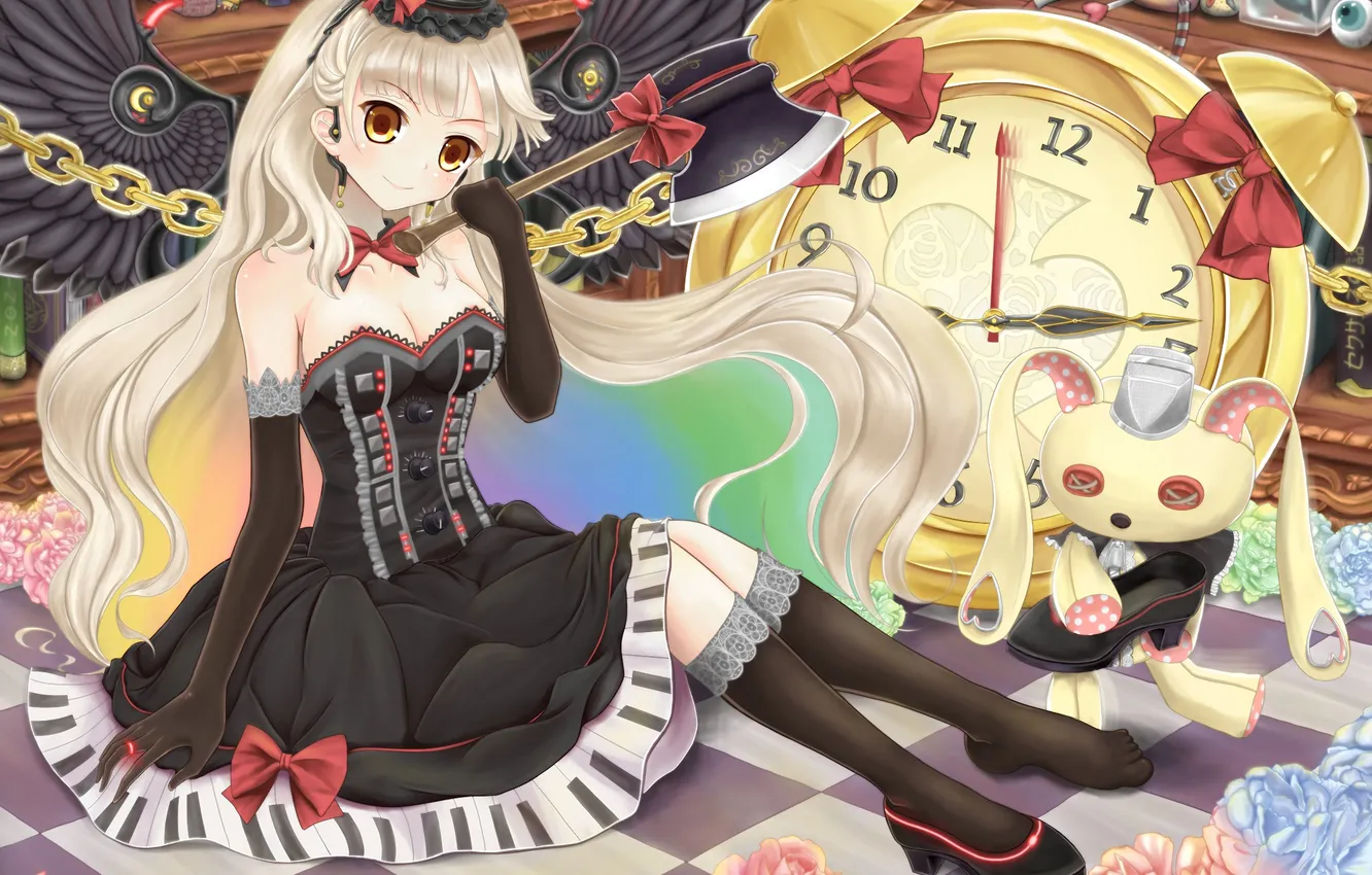 Photo wallpaper girl, smile, weapons, toy, watch, wings, chain, vocaloid