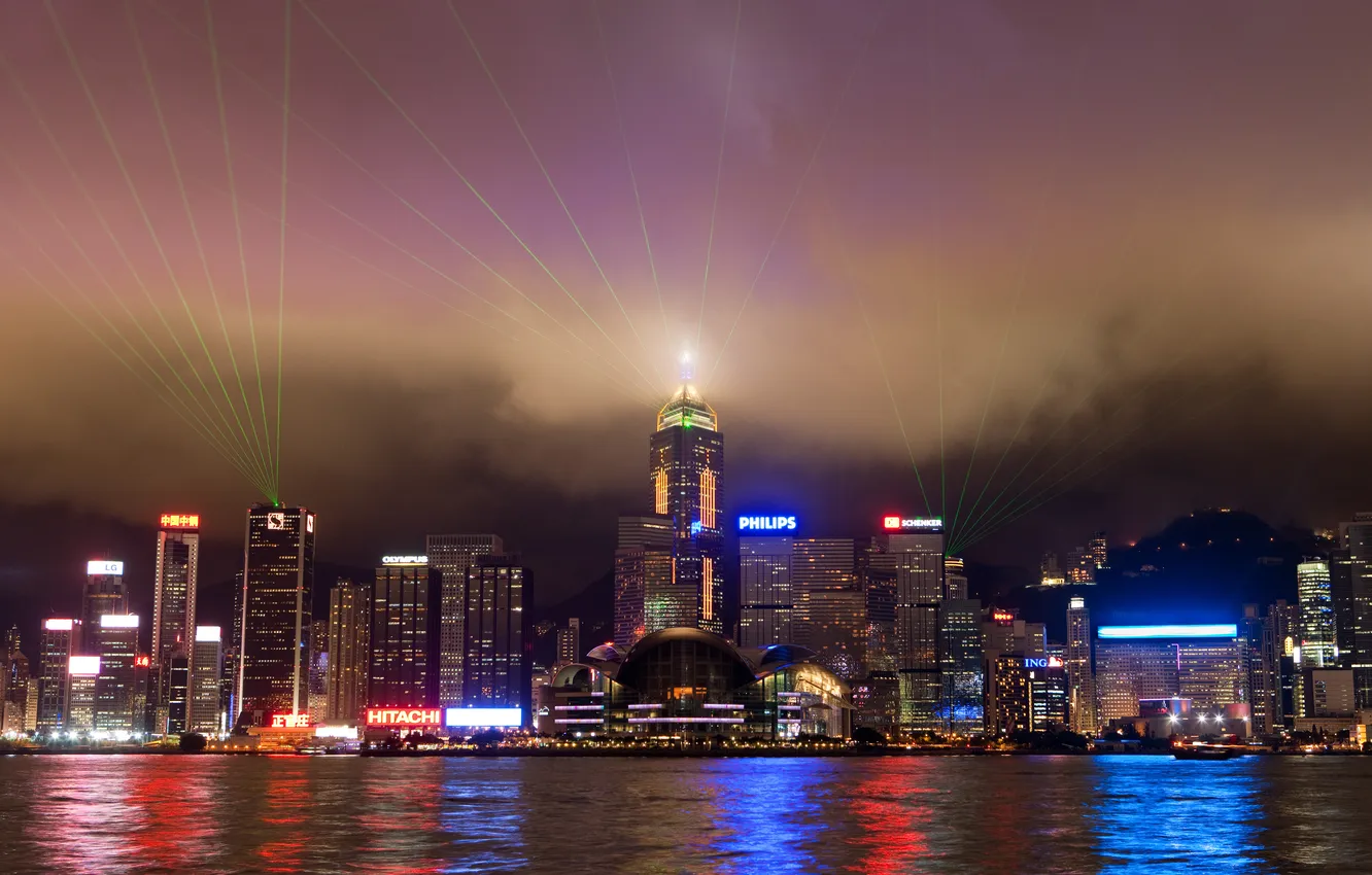 Photo wallpaper night, lights, Hong Kong, skyscrapers, neon, Sergey Dolya