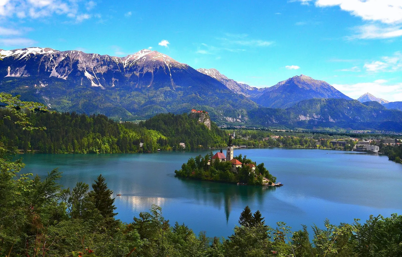Photo wallpaper trees, mountains, lake, island, home, Church, Slovenia, Bled