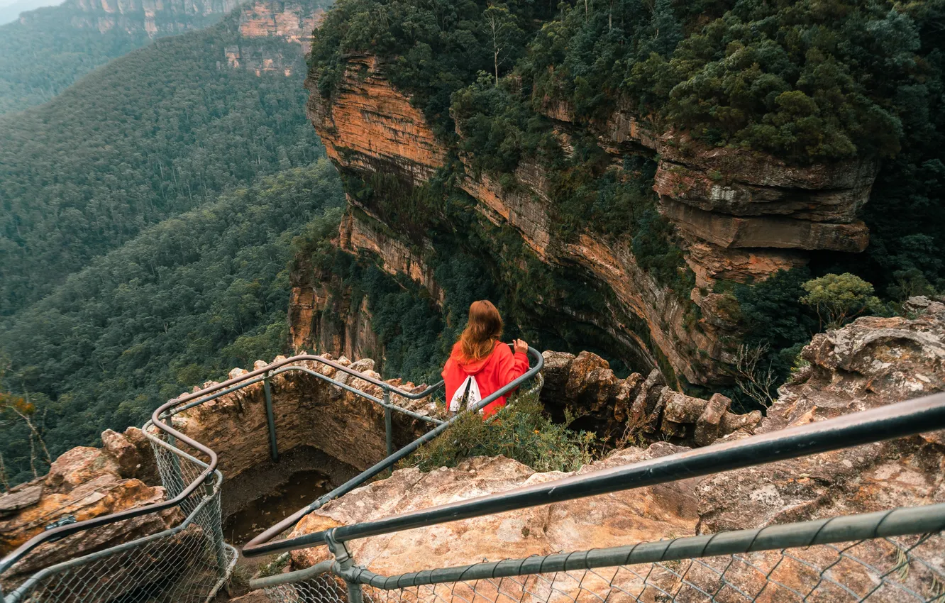 Photo wallpaper greens, girl, mountains, nature, height