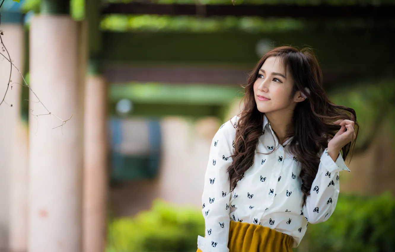 Photo wallpaper girl, smile, hair, brown hair, Asian, cutie, bokeh
