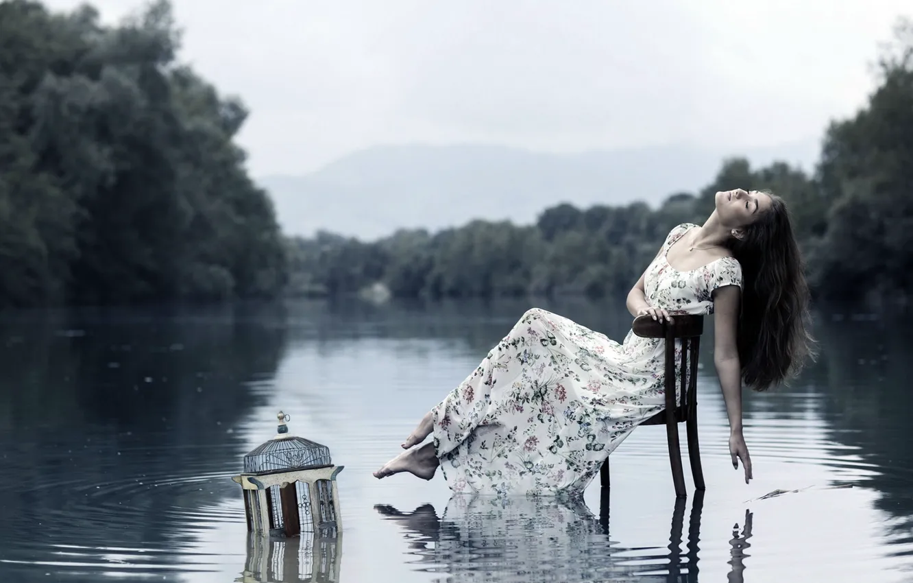 Photo wallpaper girl, lake, chair