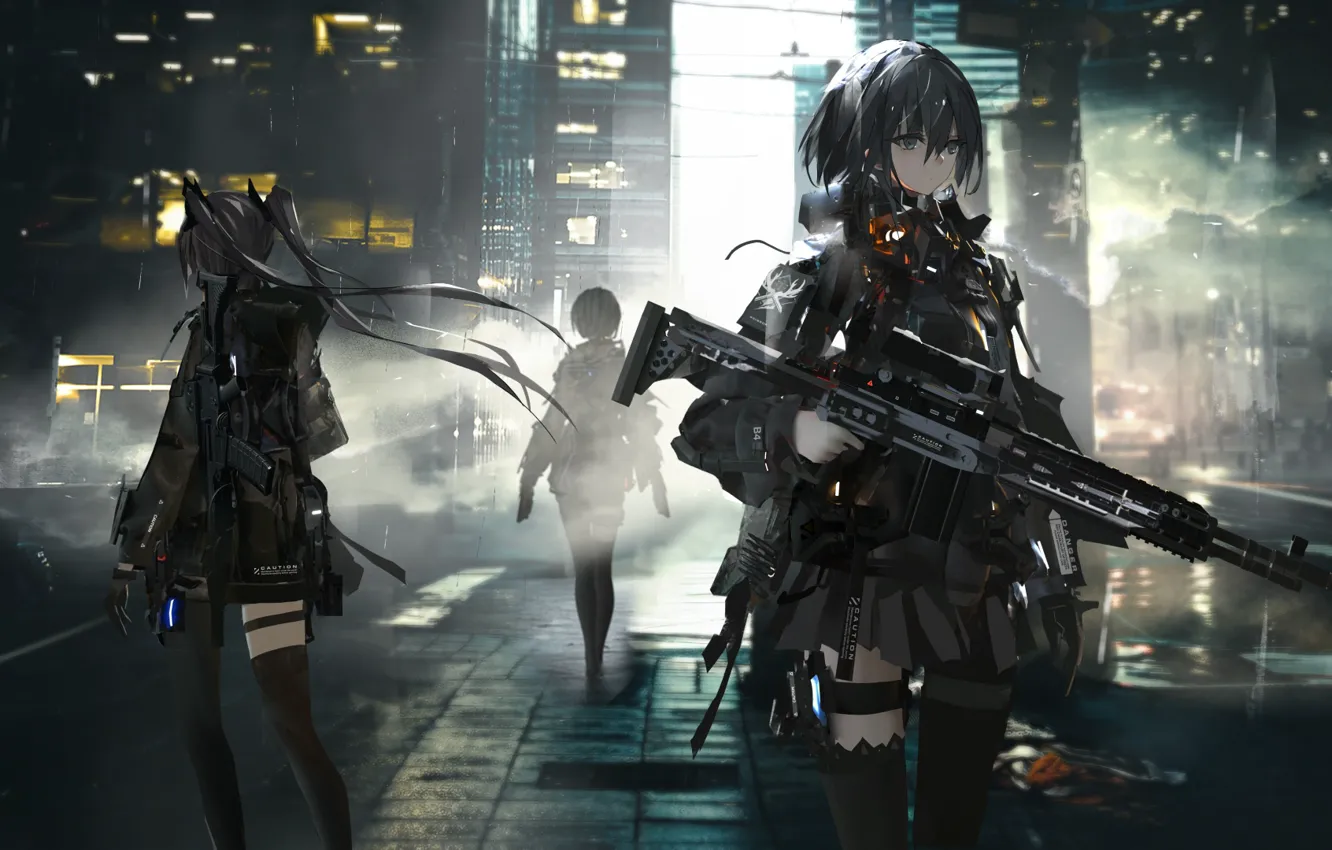 Photo wallpaper girl, night, city, the city, lights, lights, weapons, street