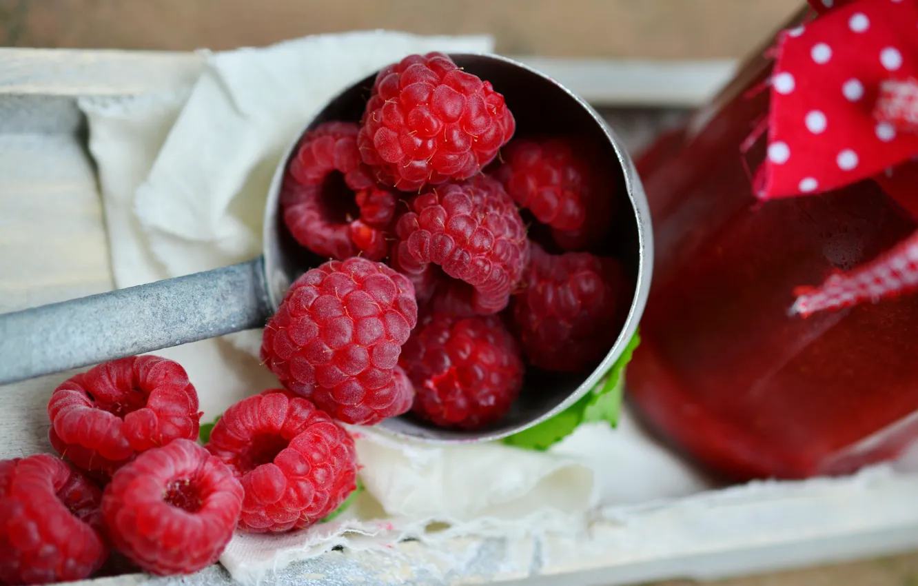 Photo wallpaper berries, raspberry, table, towel, Bank, raspberry, jam, ladle