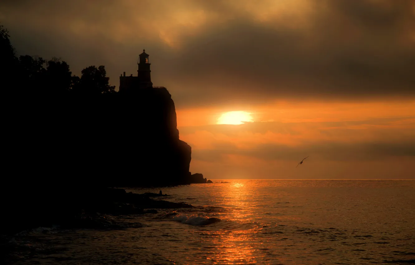 Photo wallpaper sea, sunset, rock, lighthouse