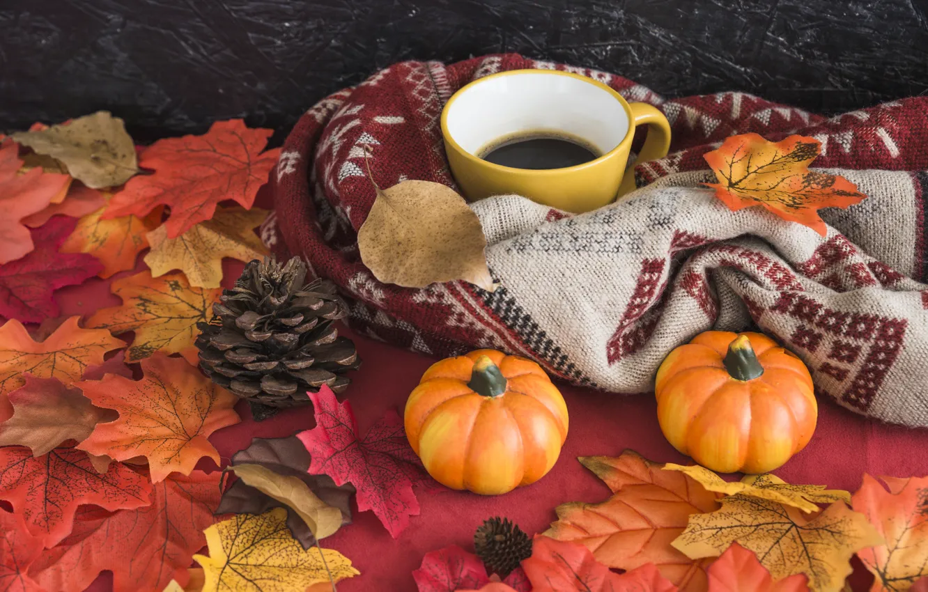 Photo wallpaper autumn, leaves, background, tree, coffee, colorful, harvest, mug