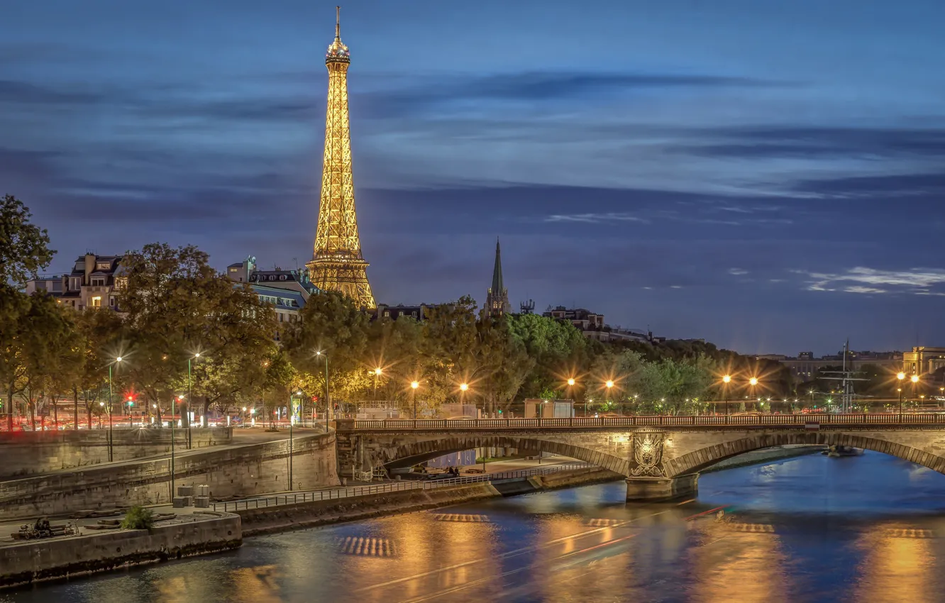 Photo wallpaper bridge, river, France, Paris, Eiffel tower, Paris, night city, promenade