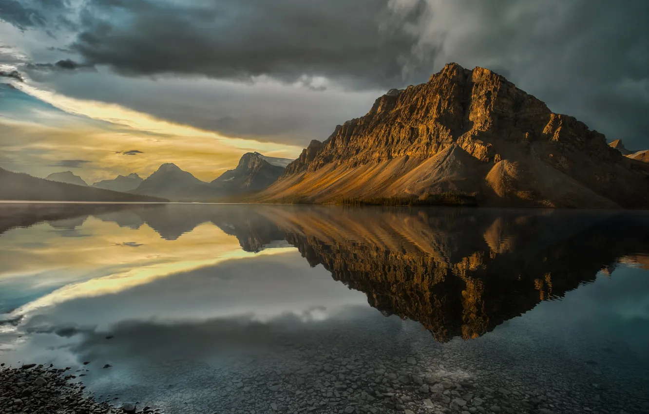 Photo wallpaper landscape, mountains, lake, reflection, dawn