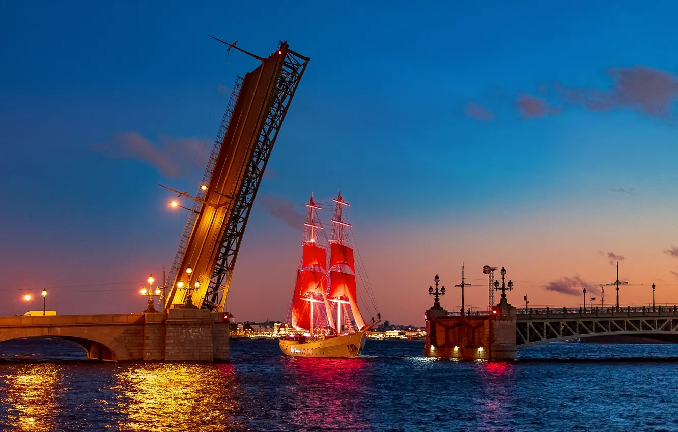 Photo wallpaper night, bridge, the city, river, ship, sailboat, Peter, lighting