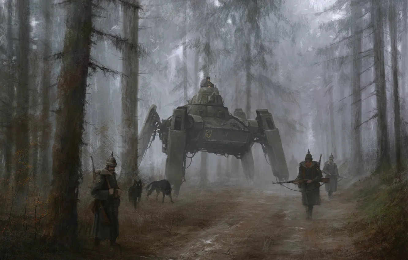 Photo wallpaper gun, forest, robot, soldier, weapon, man, rifle, cannon