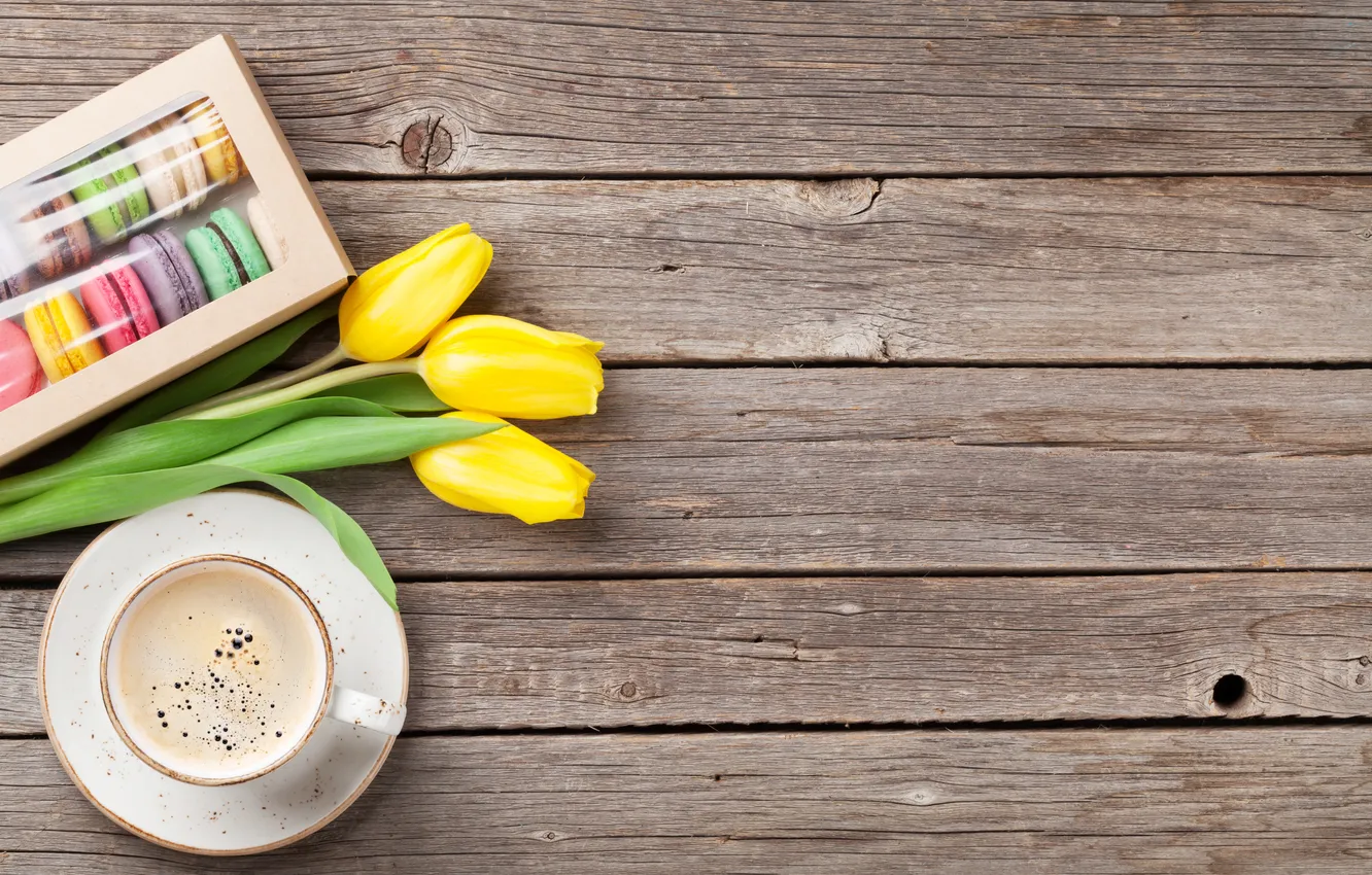 Photo wallpaper flowers, colorful, tulips, wood, flowers, tulips, coffee cup, macarons