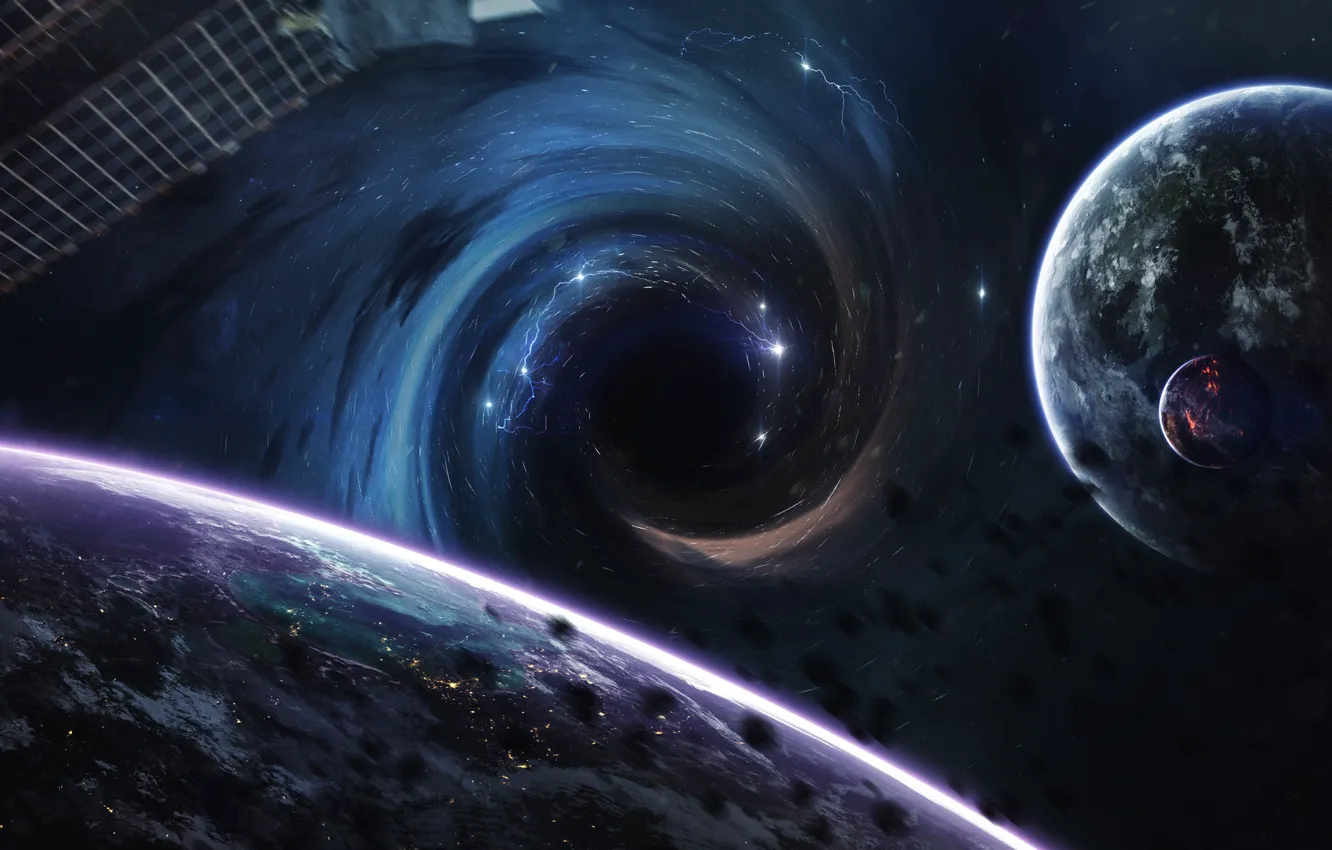 Photo wallpaper space, stars, nebula, fiction, planet, satellite, wings, asteroids
