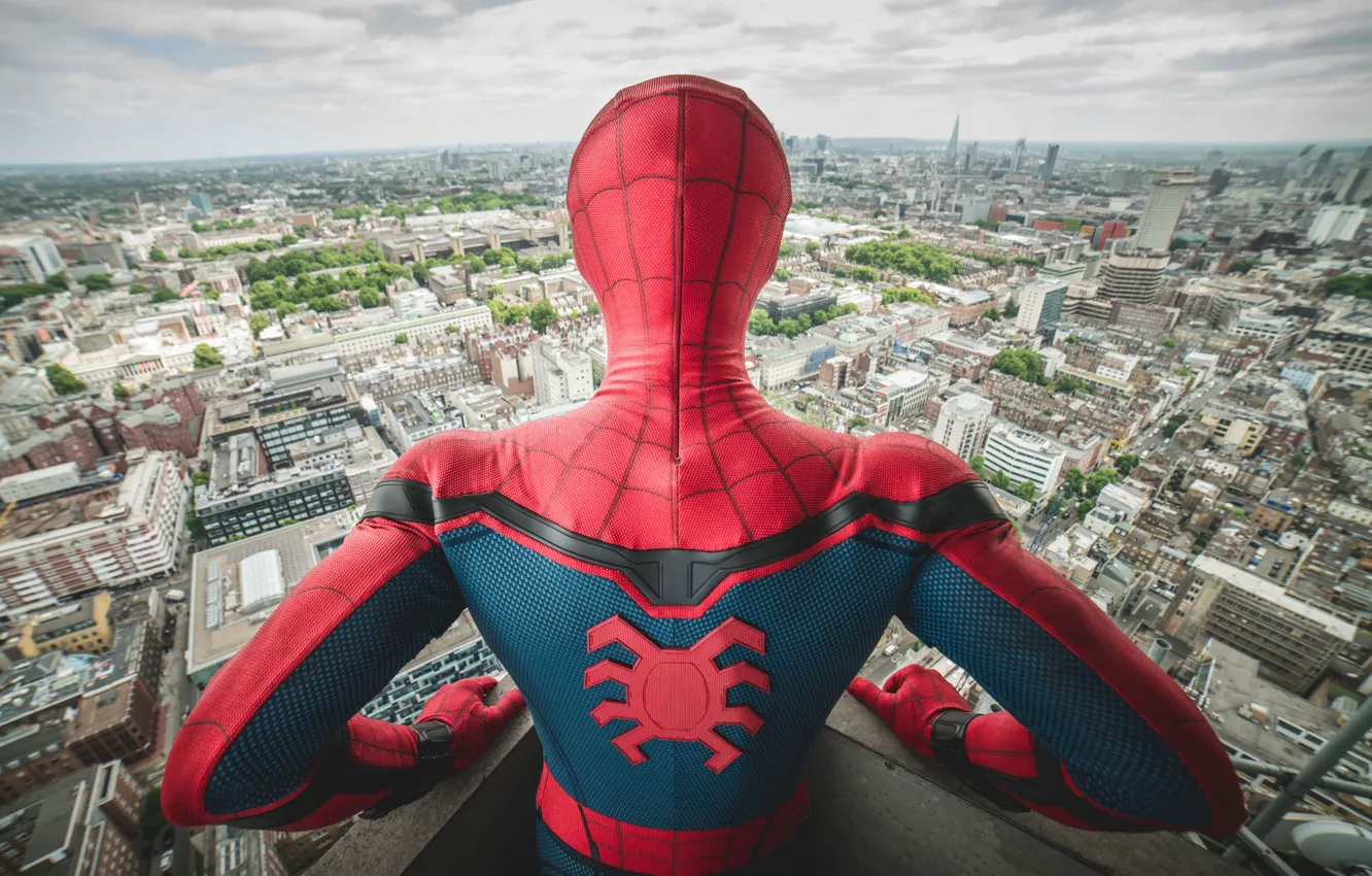 Photo wallpaper city, cinema, spider, boy, Marvel, movie, Spider-man, hero