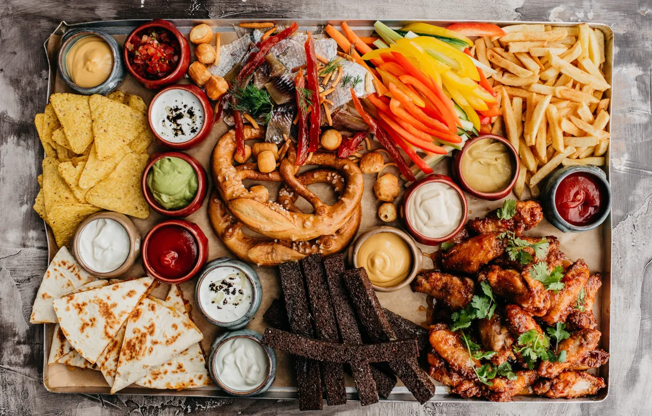 Photo wallpaper cheese, wings, vegetables, sauce, French fries, appetizer, cuts, pretzel