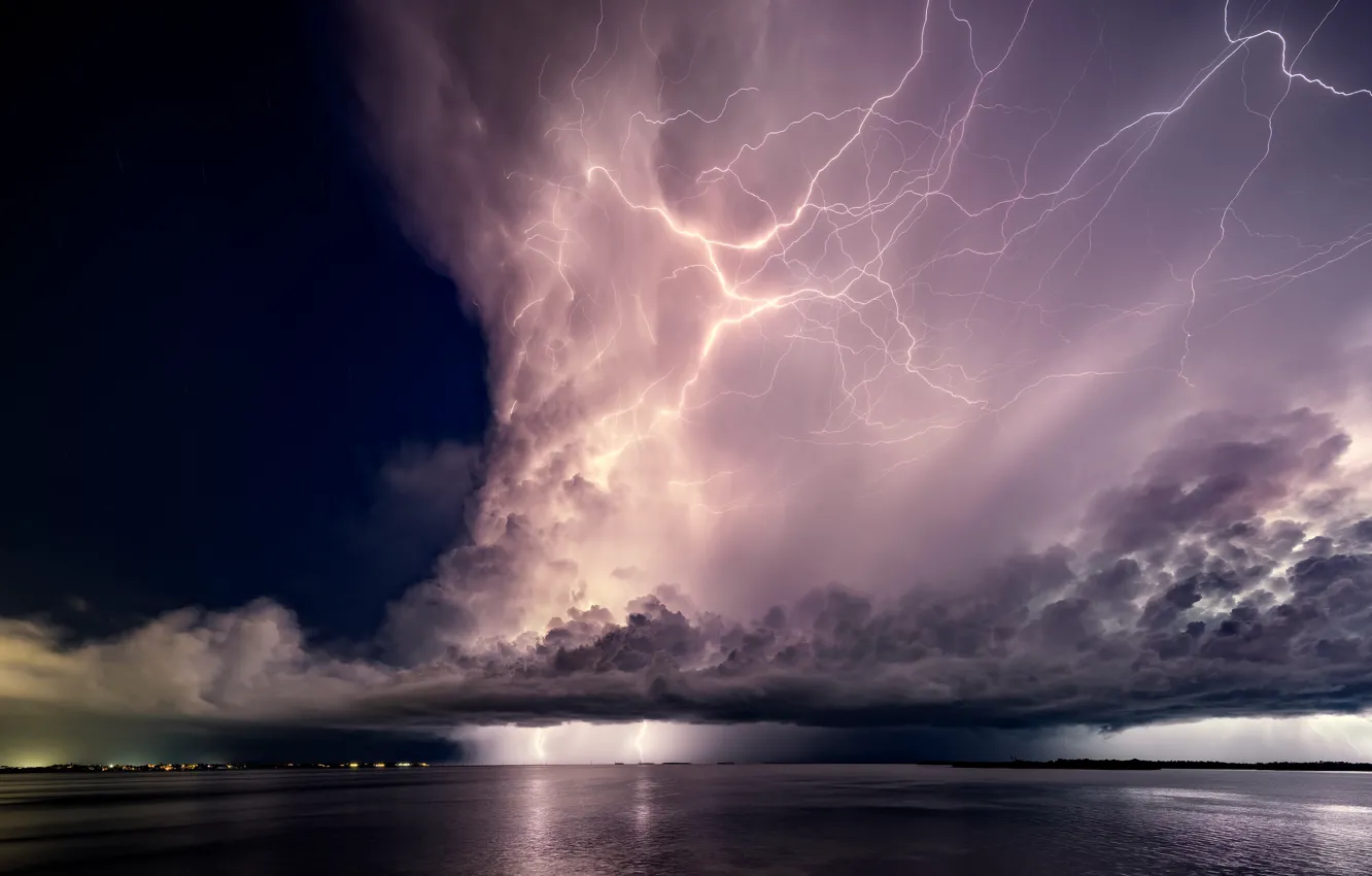 Photo wallpaper sea, the storm, clouds, element, lightning, sea, lightning, clouds