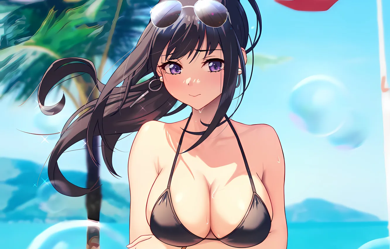 Photo wallpaper girl, sexy, wet, cleavage, beach, long hair, boobs, anime