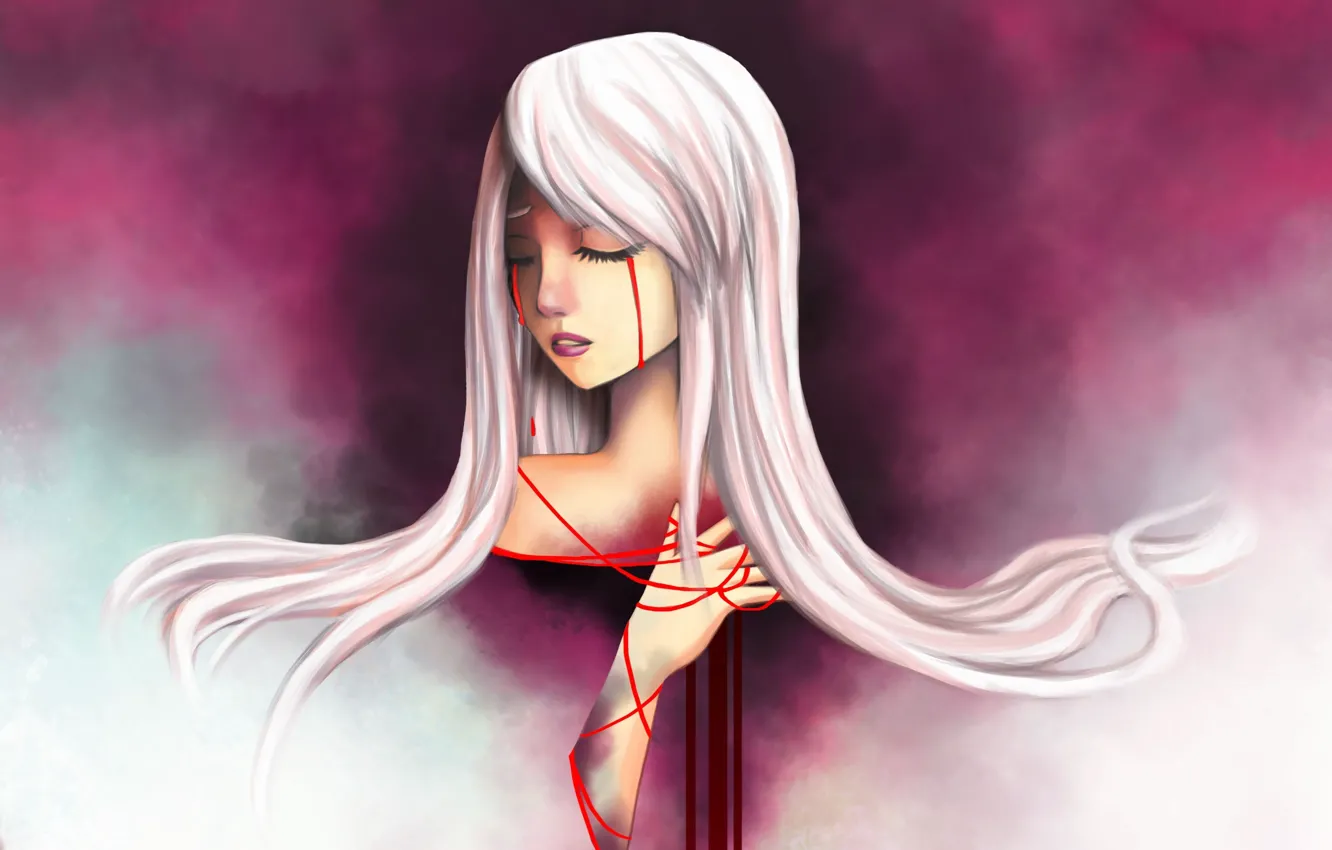 Photo wallpaper girl, tape, red, art, tears, white hair