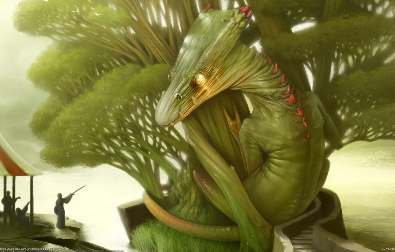 Photo wallpaper trees, dragon, people, lizard, Corrado Vanelli