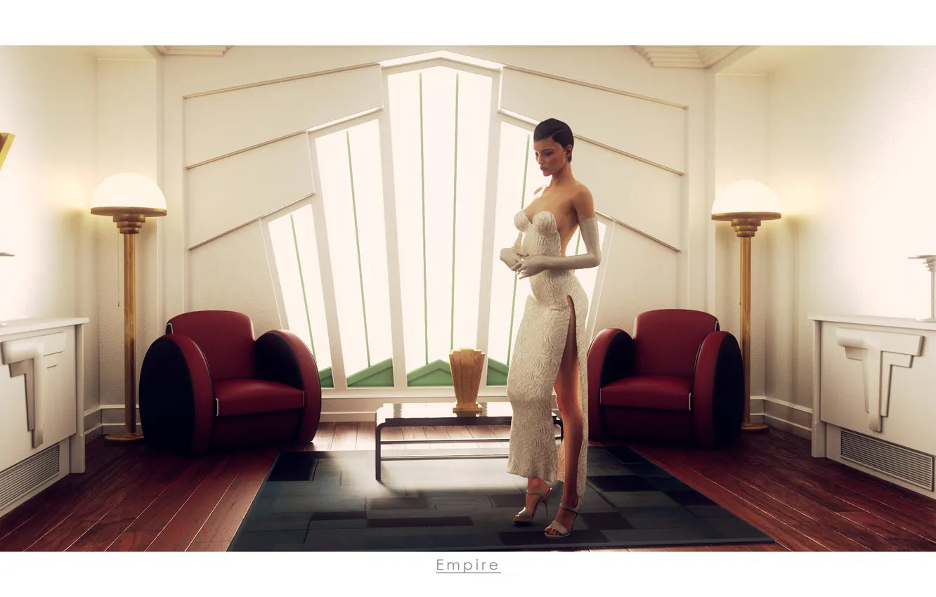 Photo wallpaper white, girl, beauty, interior, dress, heels, Empire