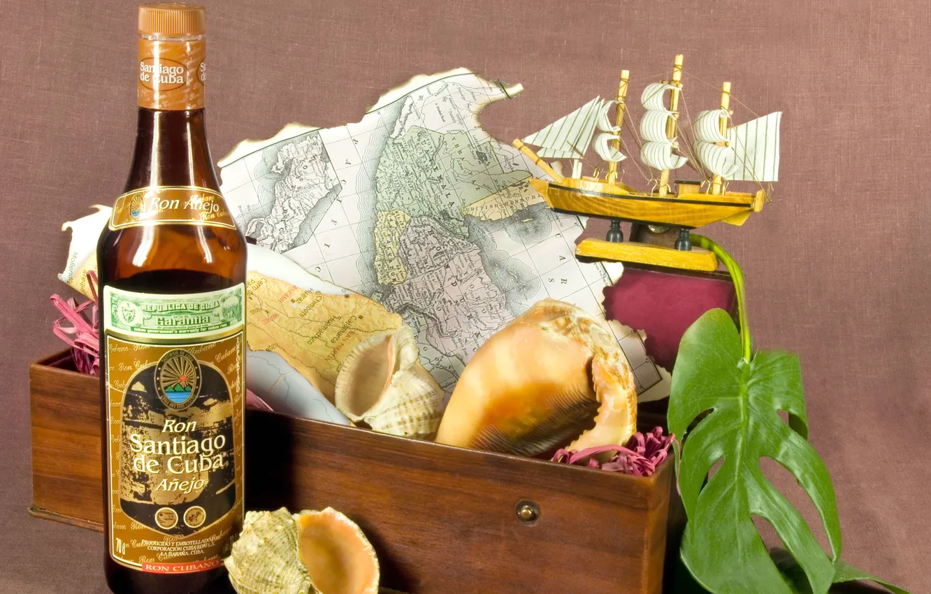 Photo wallpaper greens, background, sailboat, box, shell, rum, RAPAN, charred map