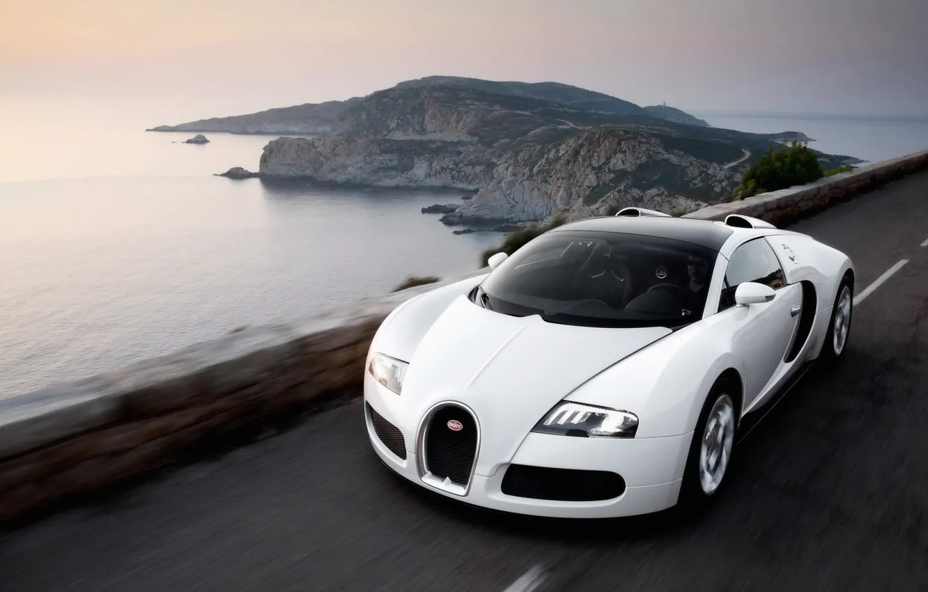 Photo wallpaper road, sea, white, Bugatti, Veyron