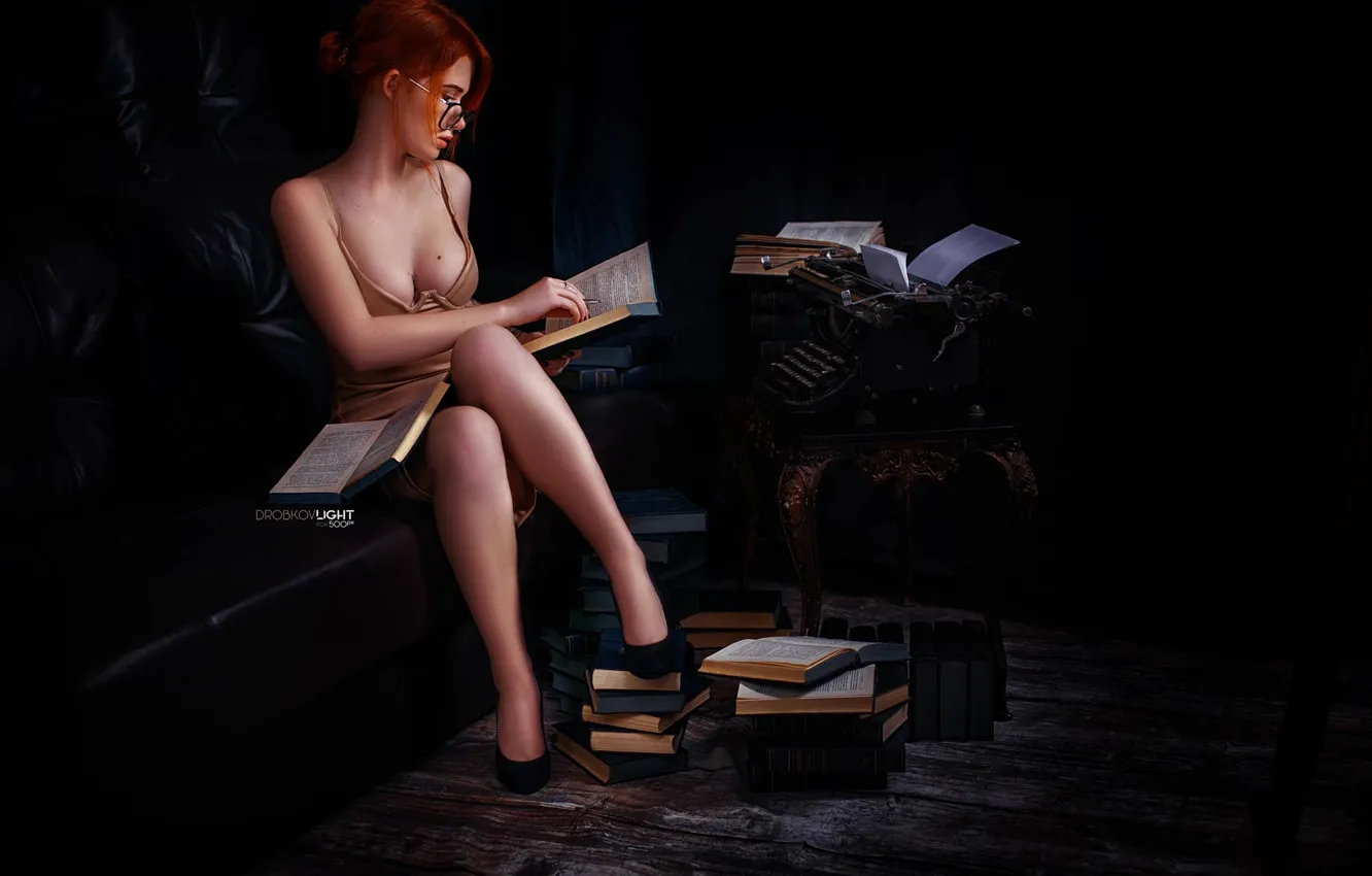 Photo wallpaper chest, girl, books, glasses, sitting, Elvira, Alexander Drobkov-Light