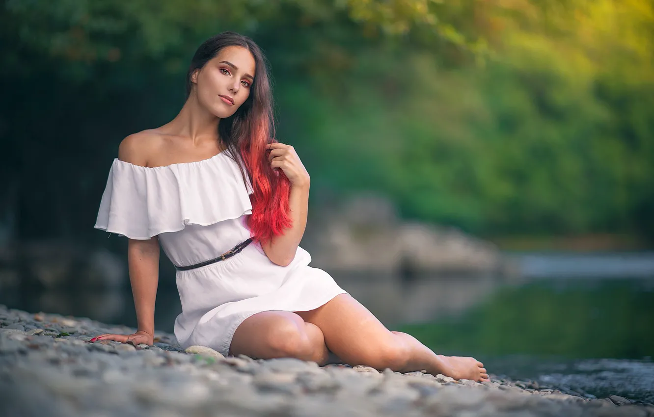 Photo wallpaper girl, hair, dress, legs, in white, bokeh