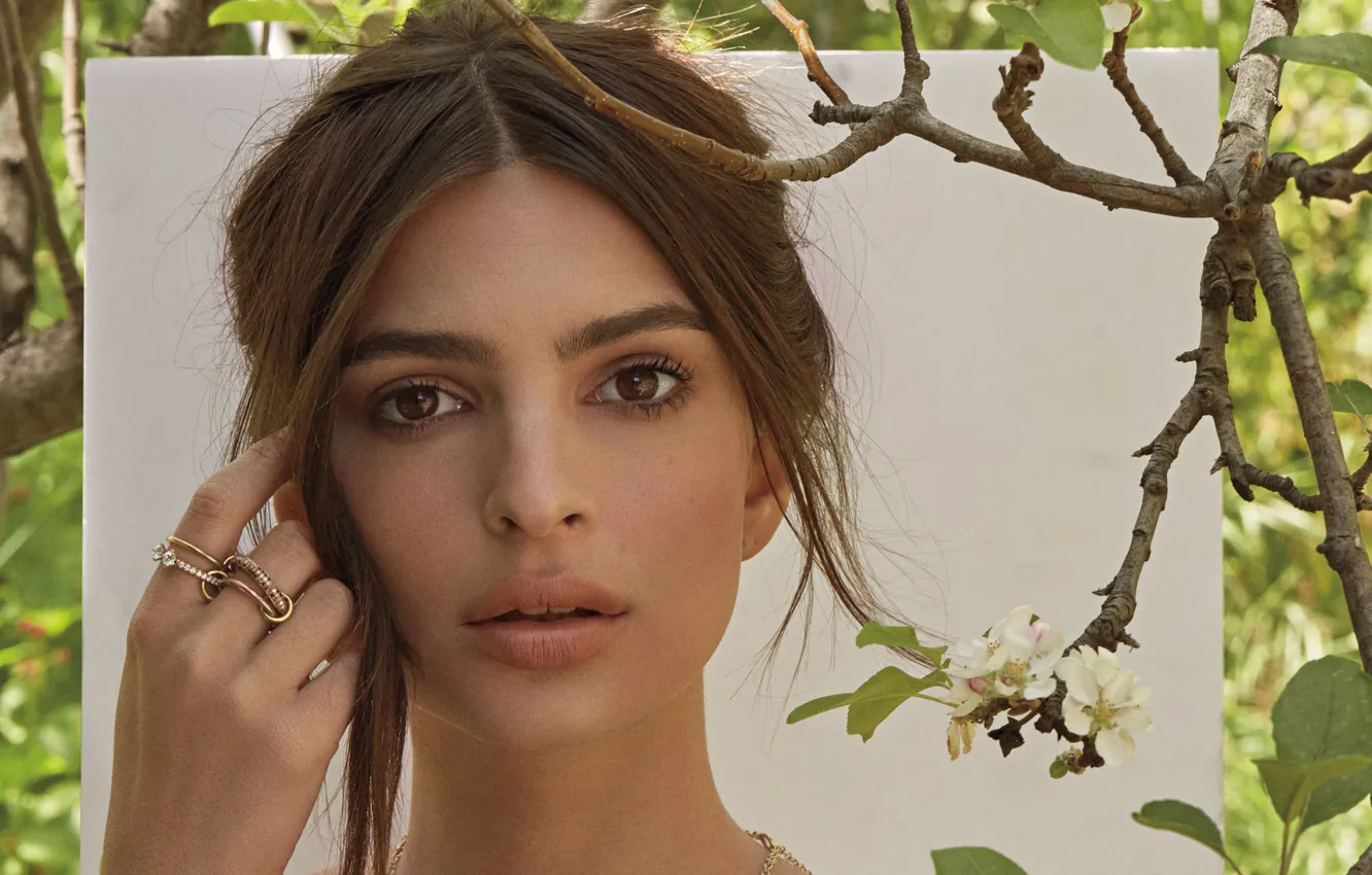 Photo wallpaper look, branches, model, portrait, hands, makeup, hairstyle, brown hair