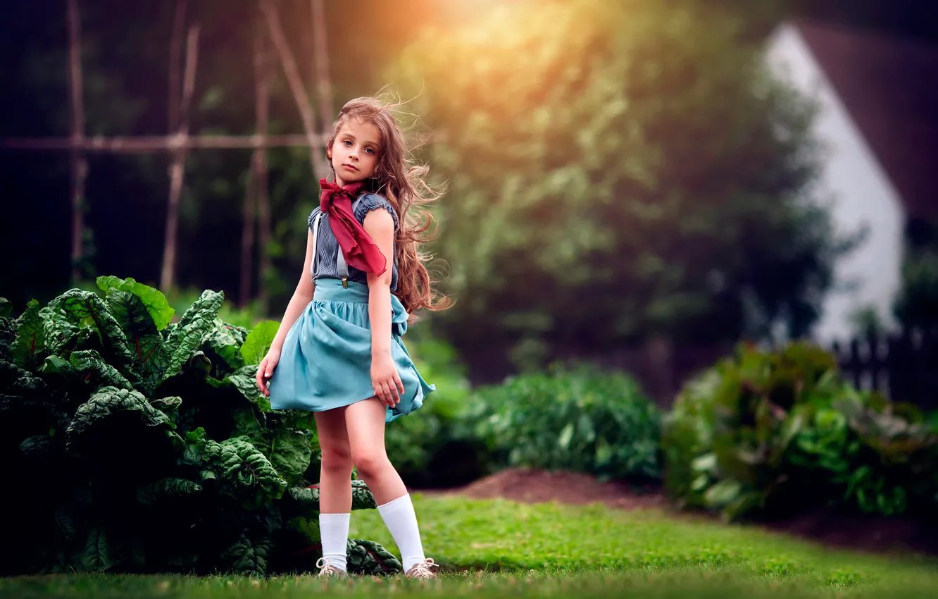 Photo wallpaper summer, dress, girl, curls, garden, child photography