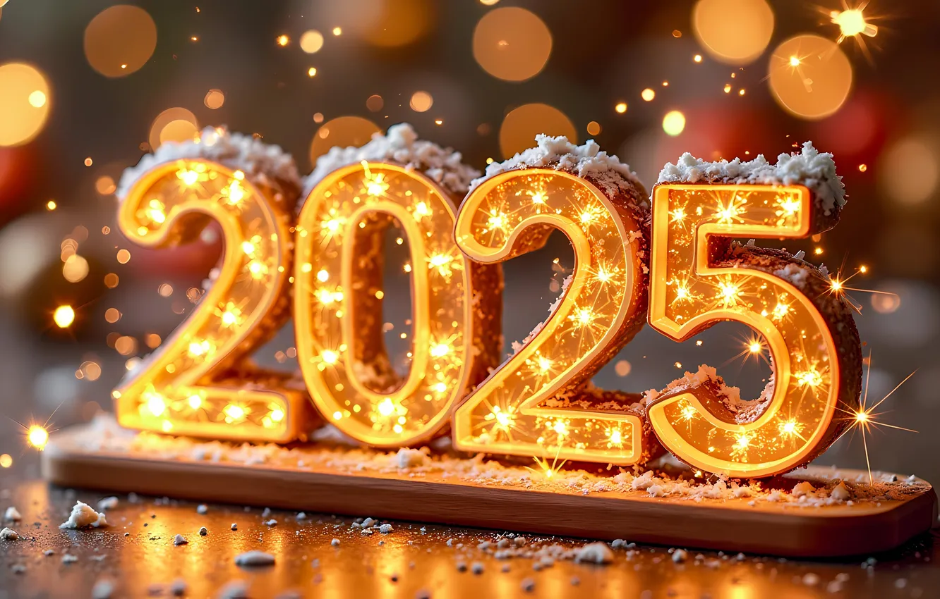 Photo wallpaper light, snow, lights, new year, figures, gold, date, bokeh