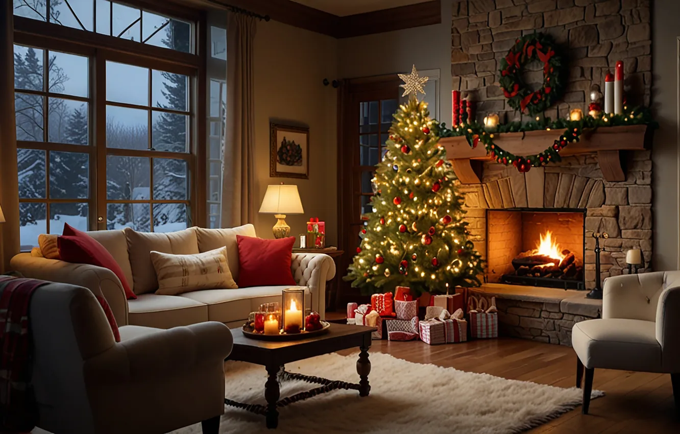Photo wallpaper room, furniture, new year, interior, Christmas, living room, Christmas decorations, Christmas tree
