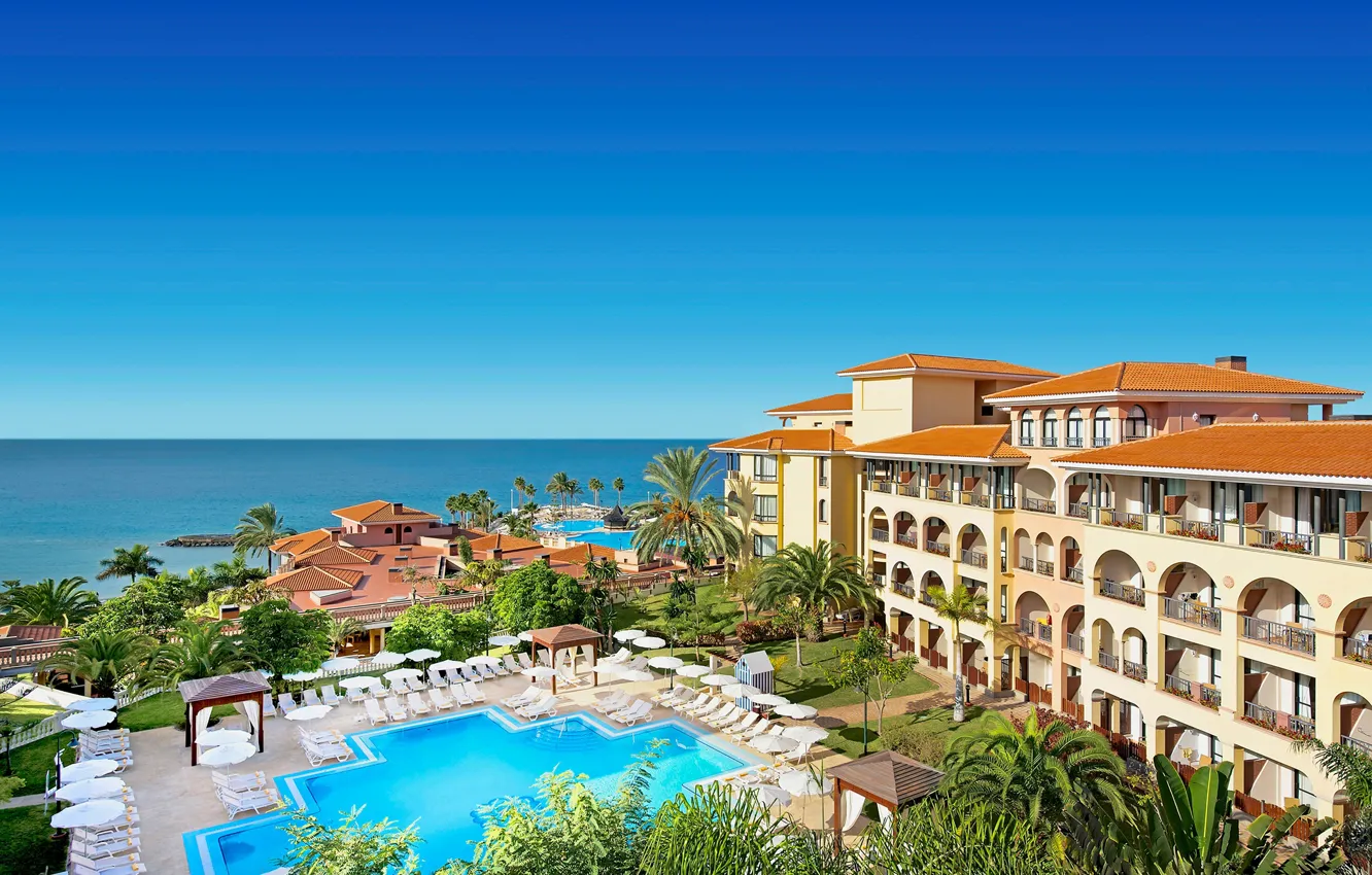 Photo wallpaper sea, the sky, the sun, palm trees, pool, horizon, the hotel, resort